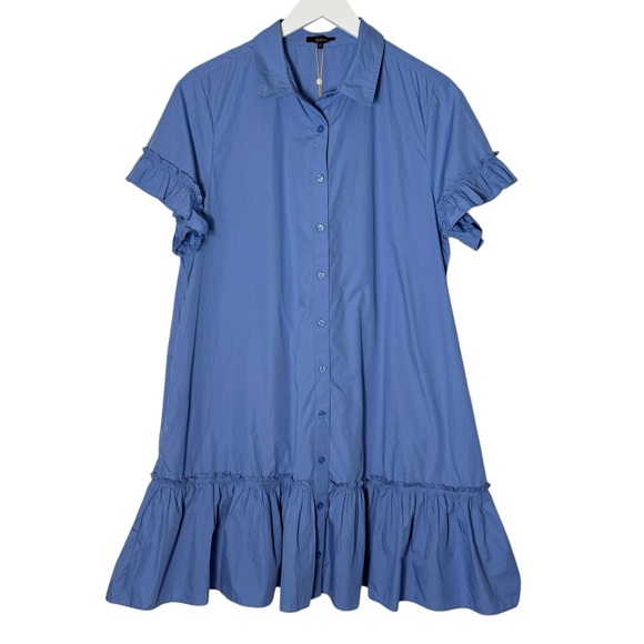 Quince Organic Cotton Poplin Short Sleeve Ruffle Shirt Dress True Blue NWT L - Picture 3 of 7